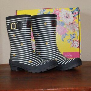 Joules Molly Welly Rain boot Striped Nautical Navy White Gold Dot Size 9 Classic